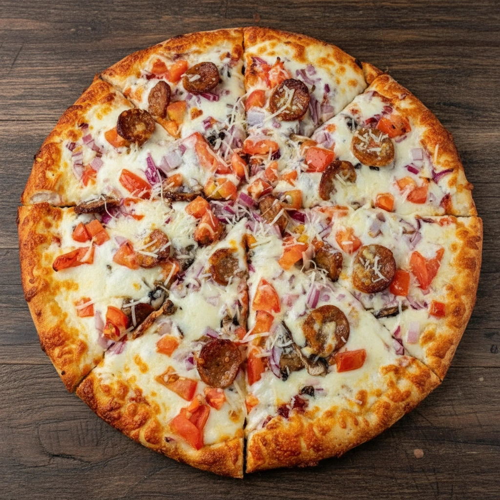 Butter chicken pizza with homemade sauce at Hot Pizza & Donair Downtown Calgary