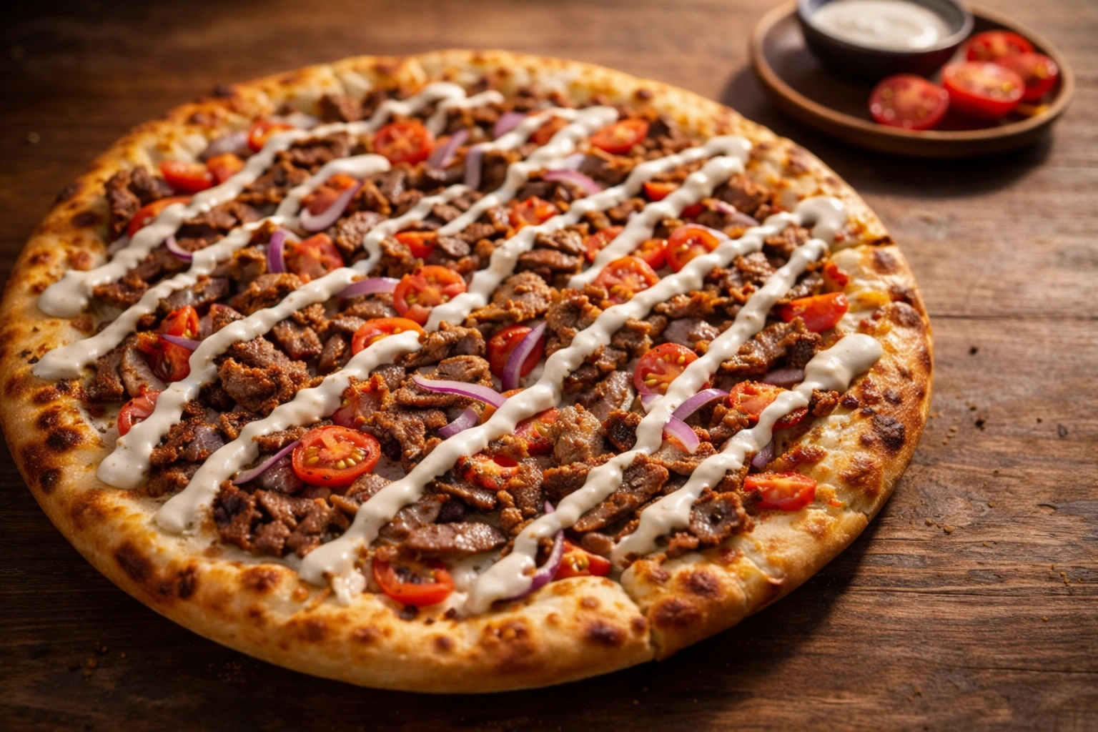 Donair Pizza at Hot Pizza & Donair Calgary — donair meat, onion, tomatoes and signature sauce on fresh handmade dough